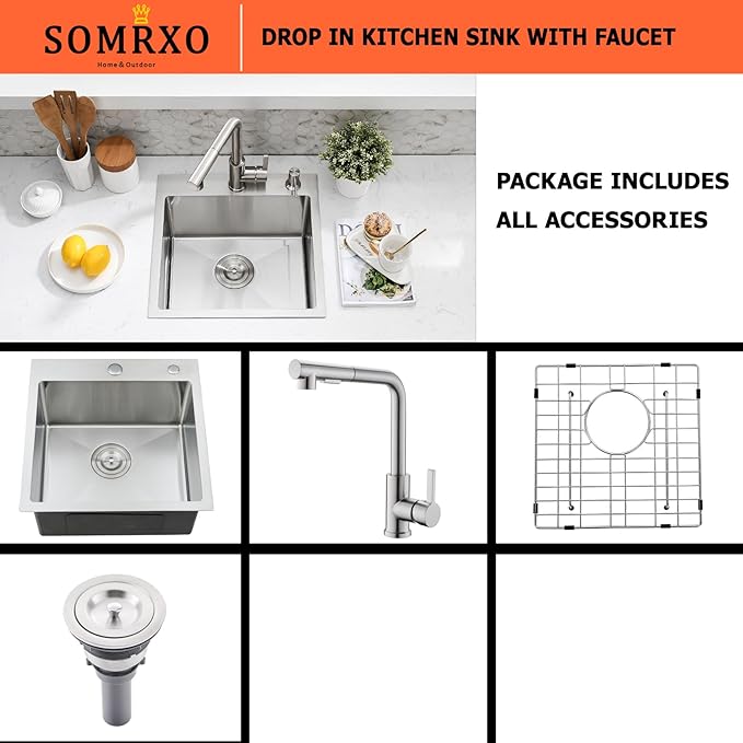 15×15 Inch Drop-In Stainless Steel Bar Sink with Faucet Combo - Top Mount Single Bowl, Small Kitchen Sink for Bar Prep, RV, and Compact Spaces