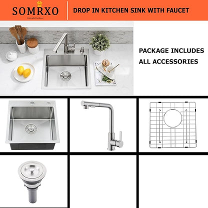 15×15 Inch Drop-In Stainless Steel Bar Sink with Faucet Combo - Top Mount Single Bowl, Small Kitchen Sink for Bar Prep, RV, and Compact Spaces