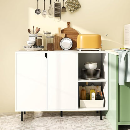 LOKO Kitchen Buffet Cabinet with Storage, Modern Storage Island with Adjustable Shelves, 2 Doors, Sturdy Metal Legs, Coffee Bar Cabinet, Perfect for Living Room, White