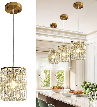 Modern Crystal Pendant Light for Kitchen Island Height Adjustable Gold Chandeliers Light Fixture Hanging Ceiling Lights for Hallway Dining Room Bedroom Living Room (2-Pack)
