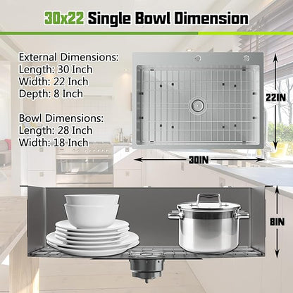 30x22 Inch Stainless Steel Kitchen Sink - Drop In Single Bowl Topmount Modern Large Kitchen Sink With SS Grid, Colander,Drain Strainer Set Compatibility With Various Kitchen&Bar Style