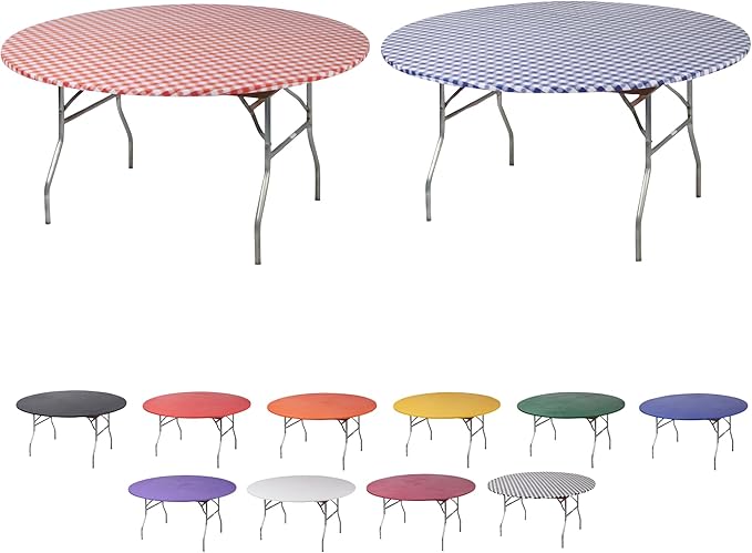 Kwik-Covers 10 Pack of Round Plastic Table Covers - 60" or 72" Round - Indoor or Outdoor Fitted Covers (Tables NOT Included) (Red Gingham & Blue Gingham, 72" Round)