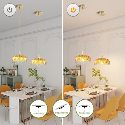 Kitchen Island Pendant Lights, E26 Nordic Pendant Lamp 10.3“ Small Vintage Style Amber Glass Hanging Lighting Fixtures Over Dining Room Table for Bedroom,Bar,Over Sink UL Certified Lighting