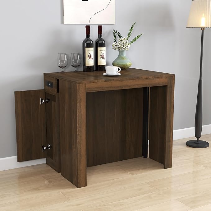 Modern Extendable Dining Table for 4-6 People with Outlet, Multifunctional Foldable Dinner Kitchen Table with Storage, Walnut