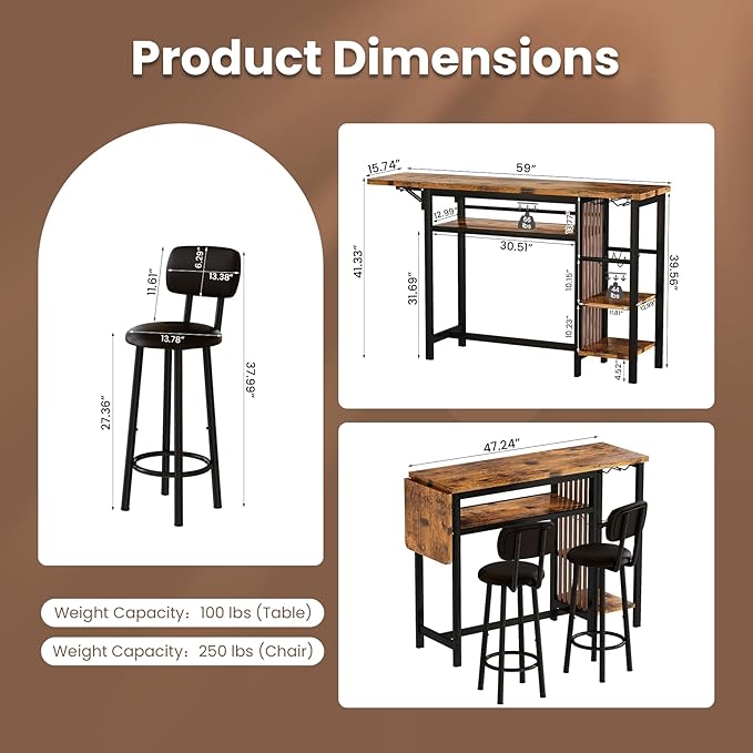 Recaceik 59" Bar Dining Table Set for 2, Bar Table and Chairs Set, Expandable Counter Height Dining Table Set, Small Kitchen Bar Table with Wine Racks & Storage, Breakfast Nook Set for Small Space