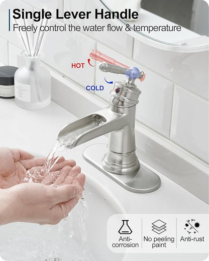 Brass Brushed Nickel Bathroom Faucet, Waterfall Faucet for Bathroom Sink 1 Hole or 4 Inch 3 Holes, One Handle with Deck Plate, Pop Up Drain & cUPC Supply Hoses for Modern Lavatory RV Washroom