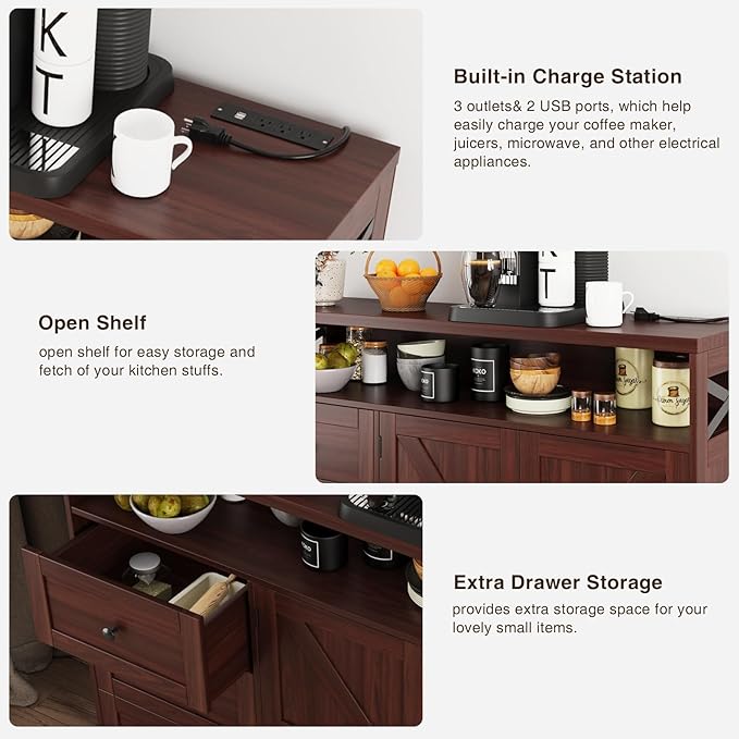 Befrases Dark Brown Farmhouse Storage Cabinet with Doors & Drawers, Sideboard Buffet Cabinet with Storage, Kitchen Pantry Hutch, Coffee Bar Station Table for Kitchen, Livingroom, Dining Room