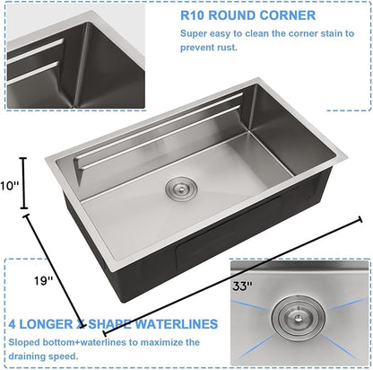 Lordear 33 Inch Undermount Kitchen Sink Stainless Steel 16 Gauge Single Bowl Workstation Large Sinks 33 x19 Inch Double Ledges Under Counter Handmade Sink