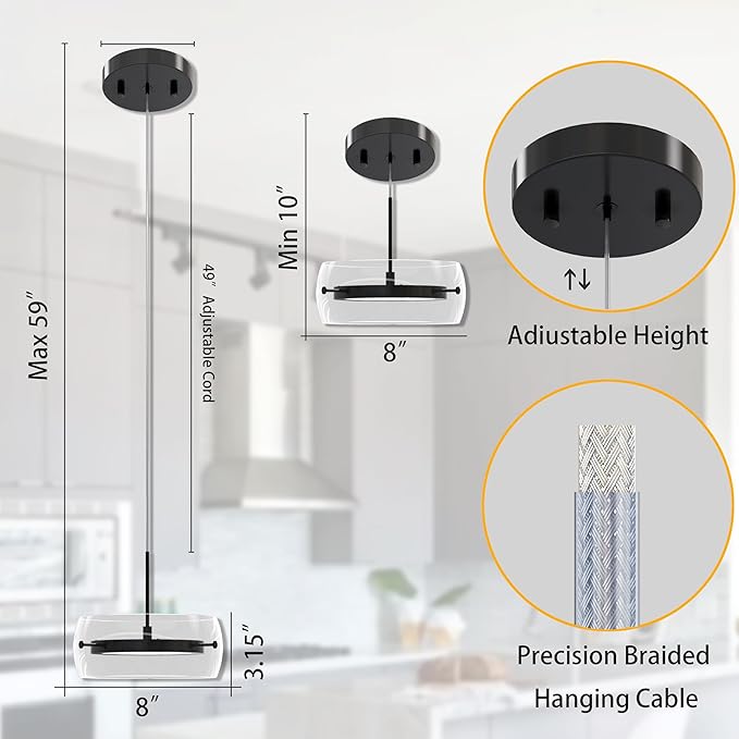 Pendant Lights Kitchen Island Dual-Sided LED Lighting, Adjustable Hanging Length, Glass Shade, Dimmable, Modern Ceiling Light Fixture for Dining Room, Bar, Living Room, Matte Black