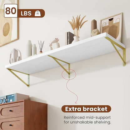 Deep Wall Shelves 55"W x 12"D Engineered Wood Floating Shelves for Wall, Sturdy Metal Bracket(Gold) Bookshelves Home Decor Storage for Living Room Bedroom Bathroom Kitchen, Set of 2, White Finish