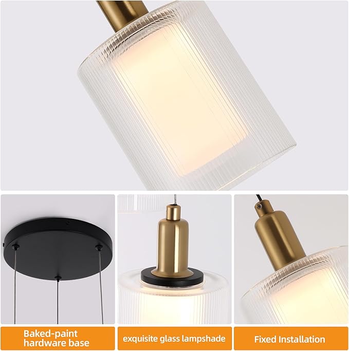 3-Light Modern Pendant Light, Black and Gold Cluster Chandelier with Ribbed Glass Shades, 18W Integrated LED 3000K Warm White, Adjustable Hanging Fixture for Kitchen Island Dining Room Stairway
