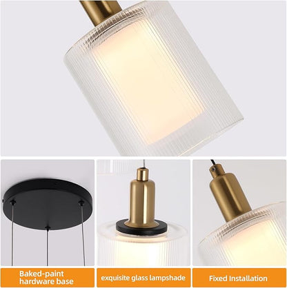 3-Light Modern Pendant Light, Black and Gold Cluster Chandelier with Ribbed Glass Shades, 18W Integrated LED 3000K Warm White, Adjustable Hanging Fixture for Kitchen Island Dining Room Stairway