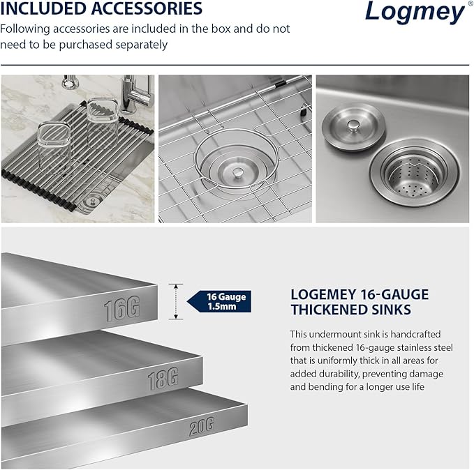 Logmey 13x15 Undermount Bar Sink,16 Gauge Heavy-Duty Stainless Steel Handmade Small Kitchen Sink,Scratch-resistant,Easy Clean,13x15x9 Single Bowl Utility Sink for RV & Prep Station
