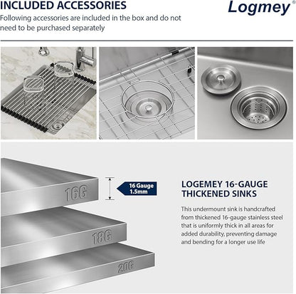 Logmey 13x15 Undermount Bar Sink,16 Gauge Heavy-Duty Stainless Steel Handmade Small Kitchen Sink,Scratch-resistant,Easy Clean,13x15x9 Single Bowl Utility Sink for RV & Prep Station