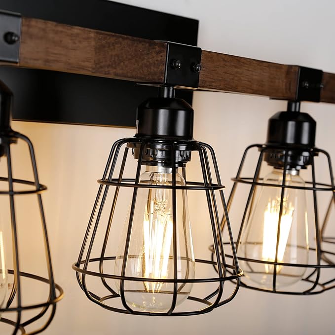 Farmhouse Vanity Light for Bathroom,3-Light Rustic Wooden Industrial Wall Lighting Fixture Over Mirror,Modern Matte Black Metal Cage Wall Sconce for Hallway,Kitchen,Bedroom
