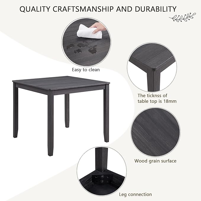 5-Piece Modern Wooden Dining Table Set for 4, Dining Table Set for 4 People with Upholstered Chairs, Square Kitchen Table and Chairs Set for Dining Room and Kitchen, Antique Black + Beige