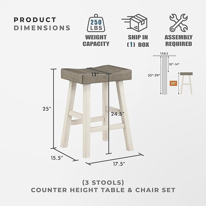 Lexicon Bar Table Set for 3, Small Kitchen Table Set Kitchen Island Table with 3 Saddle Bar Stools, 4 Piece Dining Table Set for Breakfast Nook, Living Room, Apartment, Counter Height, White/Coffee