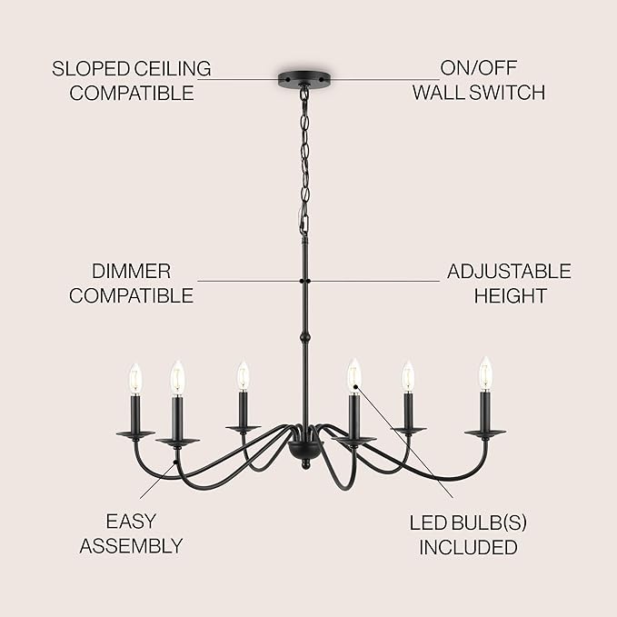 JONATHAN Y 34.75" Black 6-Light Bohemian Farmhouse Iron Chandelier, Rustic Candle-Style LED Hanging Light for Dining Room Kitchen Island Entryway Foyer (JYL7559B)