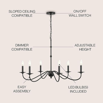 JONATHAN Y 34.75" Black 6-Light Bohemian Farmhouse Iron Chandelier, Rustic Candle-Style LED Hanging Light for Dining Room Kitchen Island Entryway Foyer (JYL7559B)