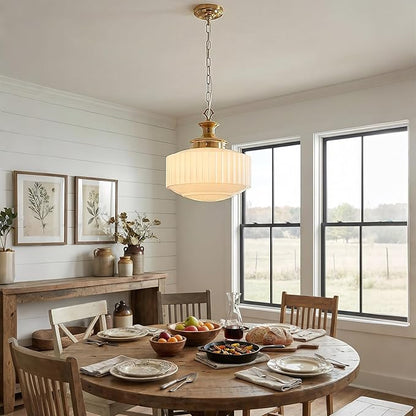 Vintage Schoolhouse Pendant Light 14" Milk Glass Pendant Light Farmhouse Brass Gold Chandelier Glass Pendant Light Fixture for Kitchen Island Lighting, Dining Room, Foyer