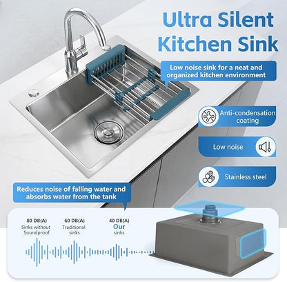 Silver Kitchen Sink, Stainless Steel Single Bowl Sink, Drop In/Topmount Workstation Sink with Retractable Drain Basket, for Bar, Kitchen, Balcony, RV (21.6 * 17.7in)