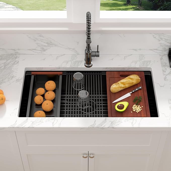 Sarlai 36 Matte Black Undermount Kitchen Sink - 36x19 Inch Black Kitchen Sink Workstation with Ledge NANO-Tech Stainless Steel Single Bowl Round Corner 16 Gauge Sinks Basin