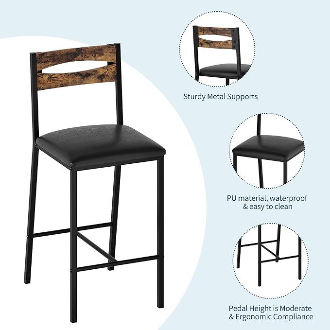 GarveeHome 3-Piece Kitchen Table Set with Storage Shelves & 2 Upholstered Chairs - Iron and Wood Dining Table for Small Spaces, Apartments, Condos, Rustic Brown