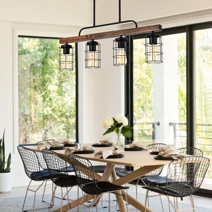 Kitchen Island Lighting,Farmhouse Dining Room Light Fixtures,Rustic Linear Pendant Lighting for Kitchen Island Dining Living Room,Black Metal & Wood