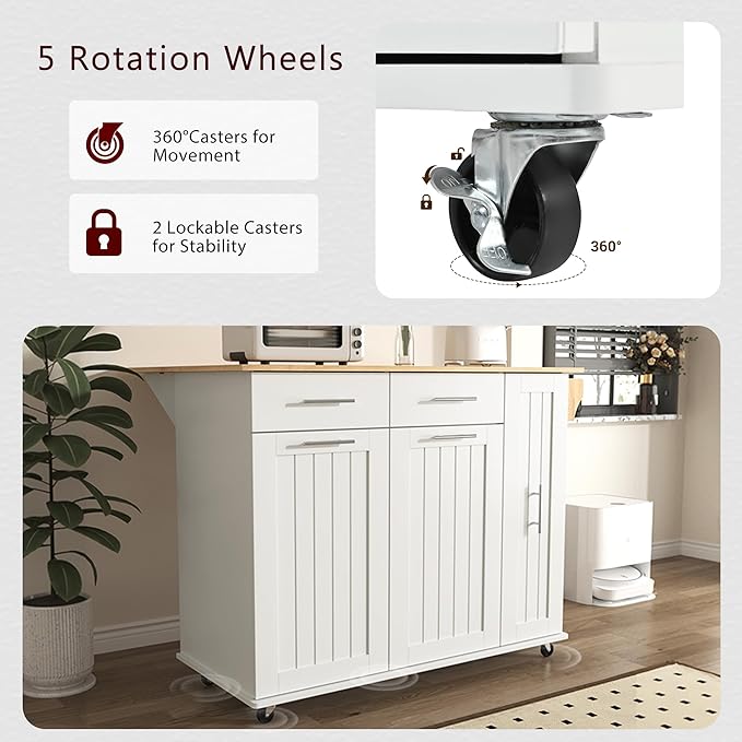 Kitchen Island with Drop Leaf, Kitchen Storage Cart with 3 Tier Pull Out Cabinet Organizer, Internal Storage Rack, Rolling Kitchen Cart on Wheels with Towel Rack, 2 Drawers, for Kitchen (White#021)