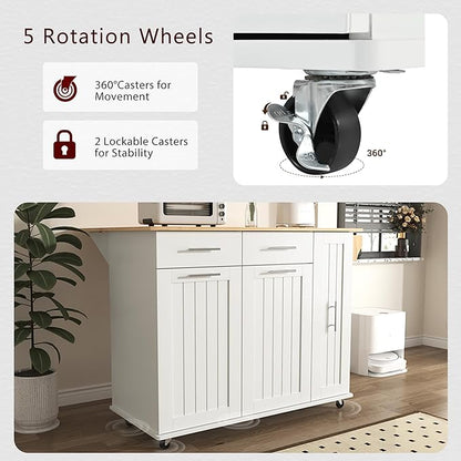 Modern Dining Table Expandable with and Drop - Kitchen Island Cart with 3-Tier Pull Out Organizer, Shelves, Rolling Wheels, Wood Countertop, Easy Clean Surface,White-Wood