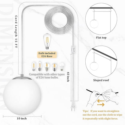 KoKo&Yukina 10" Globe Pendant Light Nickel Plug in Pendant Light Adjustable Hanging Lights with Plug in Cord Nickel Finished with Milk Glass Lampshade for Bedroom Kitchen Island (Bulb Included)