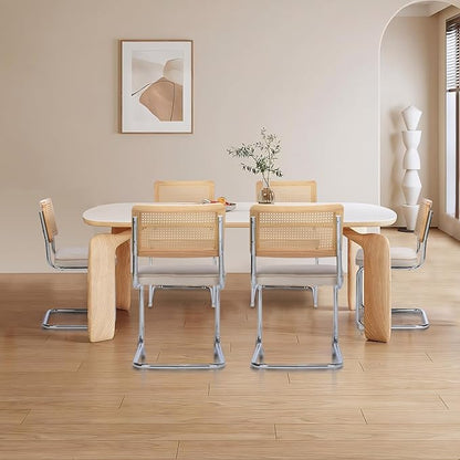 Rattan Back Velvet Dining Chair Set of 6 Modern Breuer Designed Stainless Chrome Base Armless Upholstered Dining Chair for Dining Room, Kitchen Island(Beige)