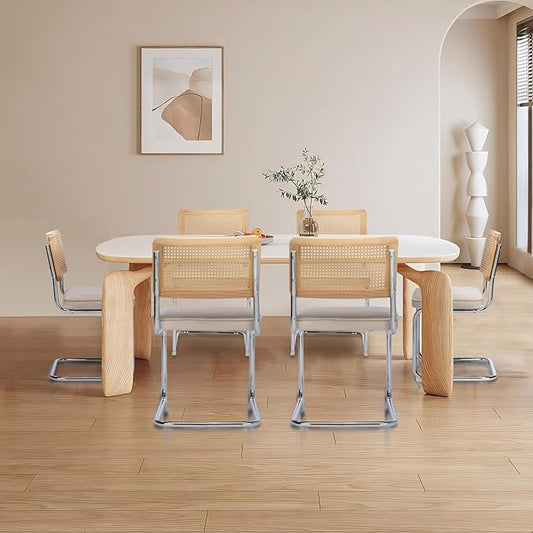 Rattan Back Velvet Dining Chair Set of 6 Modern Breuer Designed Stainless Chrome Base Armless Upholstered Dining Chair for Dining Room, Kitchen Island(Beige)
