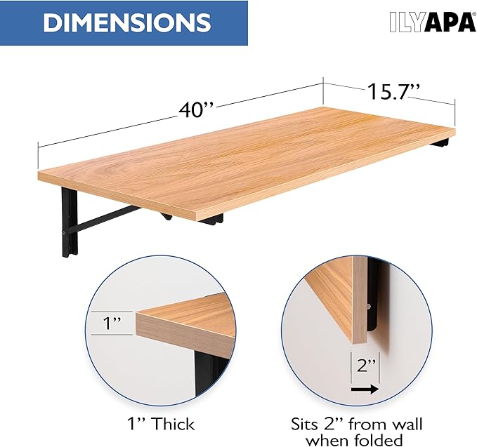 Ilyapa Wall Mounted Folding Table - 16x40 Wood Floating Desk for Wall, Laundry Folding Table - 1.5 inch Fold Down Wall Desk for Small Spaces, White Oak