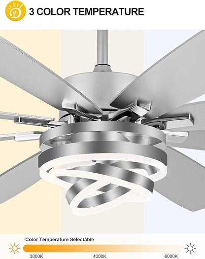 72 Inch Modern Large Ceiling Fans with Lights and Remote Reversible Quiet DC Motor 6 Speed Silver LED Chandelier Ceiling Fans for Living Room Bedroom Kitchen
