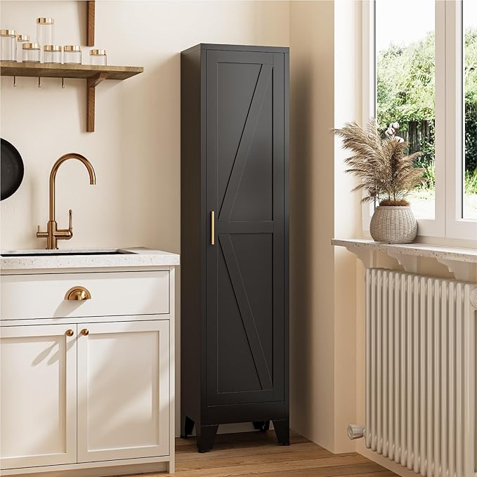 67" Tall Storage Cabinet with Reversible Doors and Adjustable Shelves,Metal Slim Freestanding Cabinet for Bathroom Kitchen Garage Small Spaces,Black,1 Pack