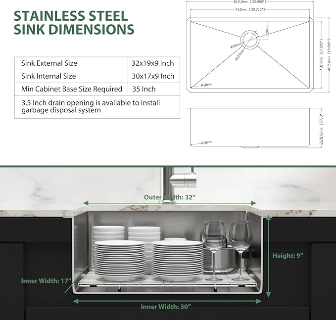32 Inch Undermount Kitchen Sink 32x19 Stainless Steel Single Bowl Kitchen Sinks 16 Gauge Under Counter Round Corner Handmade Sinks Basin, 32x19x9 Inch