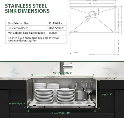 32 Inch Undermount Kitchen Sink 32x19 Stainless Steel Single Bowl Kitchen Sinks 16 Gauge Under Counter Round Corner Handmade Sinks Basin, 32x19x9 Inch