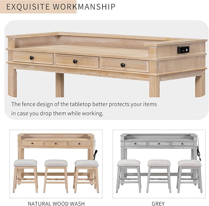 4-piece Dining Bar Table Set with 3 Upholstered Stools, Rubber Wood Counter Height Multifunctional Dining Table with 3 Drawers and USB Port, Side Table with Footrest Pub Kitchen Set (Natural-N2)