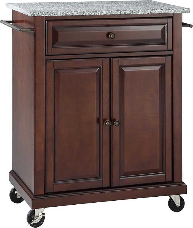 Crosley Furniture Compact Granite Top Small Rolling Cart with Shelves, Microwave Stand with Towel Rack, Mahogany