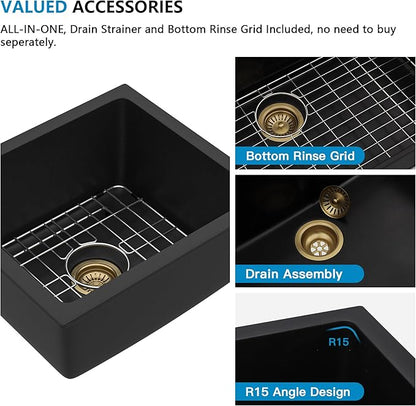 18"x16" Undermount Bar Prep Sink – Matte Black Granite Composite Quartz Classic Under Counter Single Bowl Sink Basin for Wet Bar, RV, Small Kitchen, Mobile Home