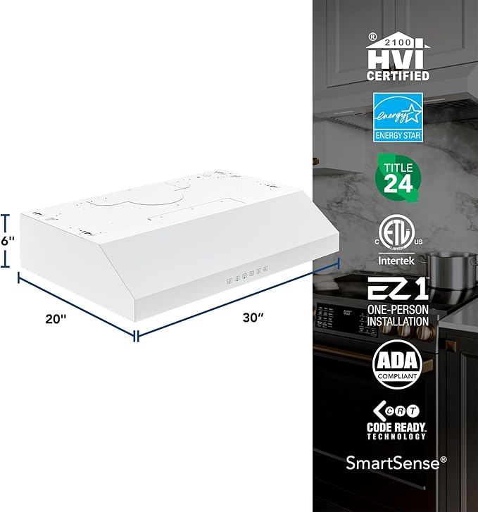 Broan-NuTone 30 Inch Glacier Under Cabinet Range Hood, ENERGY STAR, 490 Max Blower CFM - Electric Rangehood and Exhaust for Kitchen Stove Cooking and Ventilation, White