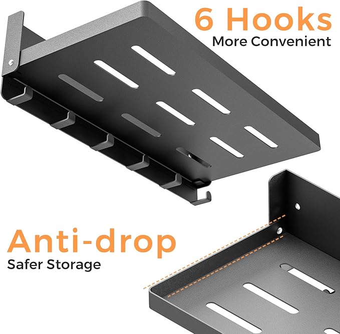 Small Folding Wall Shelf with Hooks, Wall Mounted 2 Folding Metal Shelves, Fold Up 90° and 6 Hooks, Practical Wall Shelf for Rv, Utility Room, Laundry Room, Garage, Black（11.8", 2 Pack）