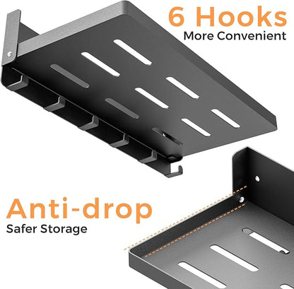 Small Folding Metal Shelf with Hooks, Fold-up Wall Shelf, 6 Hooks, Drop Down Floating Shelf for Laundry Room, Kitchen, RV, Toilet Room, Garage, Utility, Black（11.8", 1 Pack）