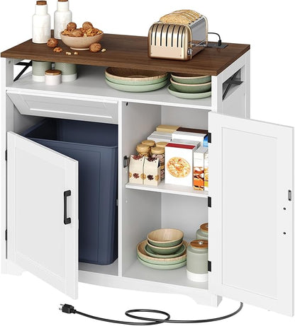 YATINEY Trash Can Cabinet with Power Outlet, 10-Gallon Hidden Kitchen Garbage Bin Cabinet with Adjustable Shelf, Wooden Recycling Cabinet for Kitchen, Dining Living Room, White and Walnut WB04UWH