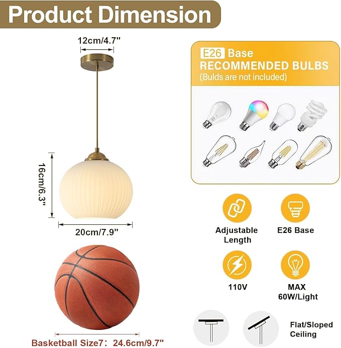 Mid Century Milk Glass Pendant Light Fixture Antique Brass Kitchen Pendant Light Ribbed Glass Ceiling Light Small Globe Pendant Lamp Vintage Gold Pendant Lighting (2 Pack)