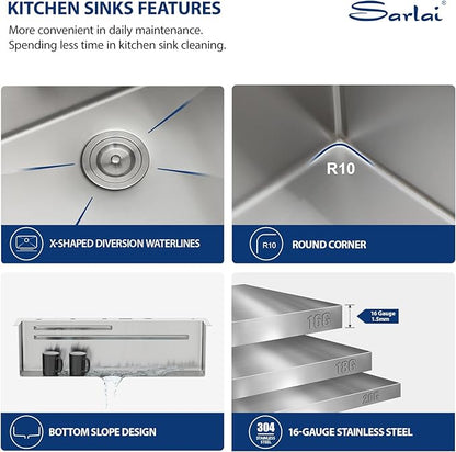Sarlai Waterfall Kitchen Sink 33 Inch - Drop In Kitchen Sink 33x19 Inch Workstation Waterfall Smart Sinks Single Bowl 16 Gauge Stainless Steel Multifunction Topmount Sinks Basin with Faucet Combo