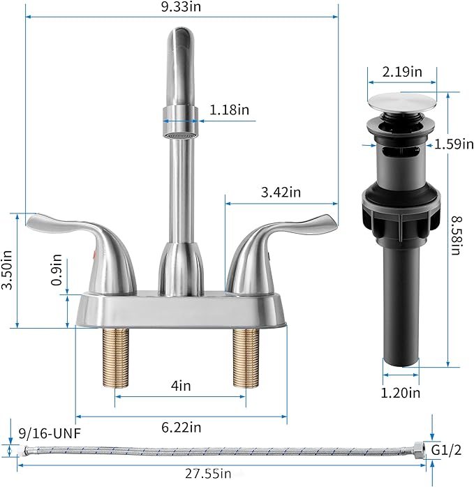 2 Handle Brushed Nickel Bathroom Sink Faucet - 4 Inch Centerset Faucet Bathroom 2 or 3 Hole Lavatory Faucet Bathroom Vanity Sink Faucets with Pop-up Drain and Supply Lines