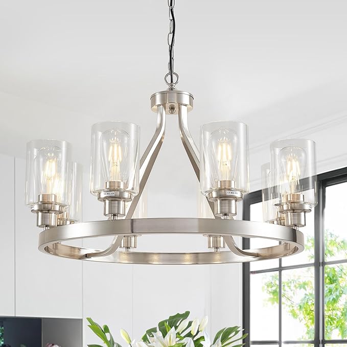 Lanhall 8-Light Modern Chandeliers for Dining Room Light Fixture Brushed Nickel Kitchen Chandelier Ceiling Hanging Pendant Lighting with Glass Shade for Living Room Entryway Adjustable Height E26