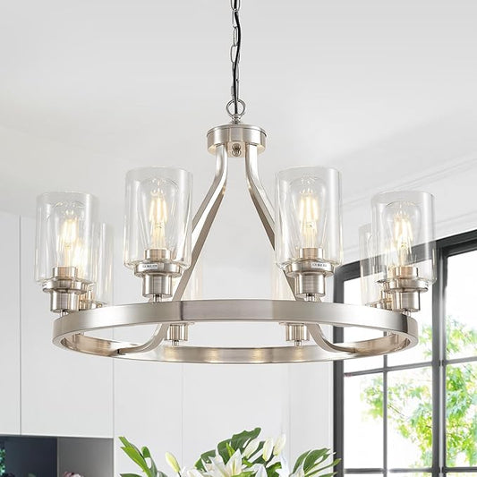 Lanhall 8-Light Modern Chandeliers for Dining Room Light Fixture Brushed Nickel Kitchen Chandelier Ceiling Hanging Pendant Lighting with Glass Shade for Living Room Entryway Adjustable Height E26